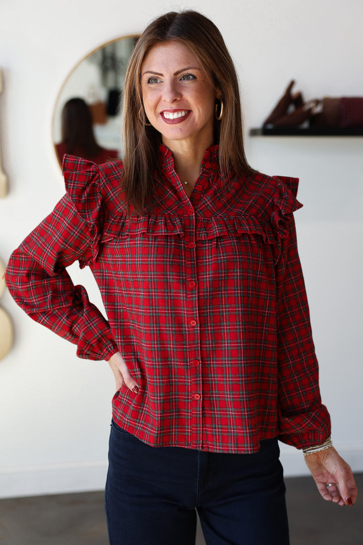 Plaid Ruffle Blouse - Red