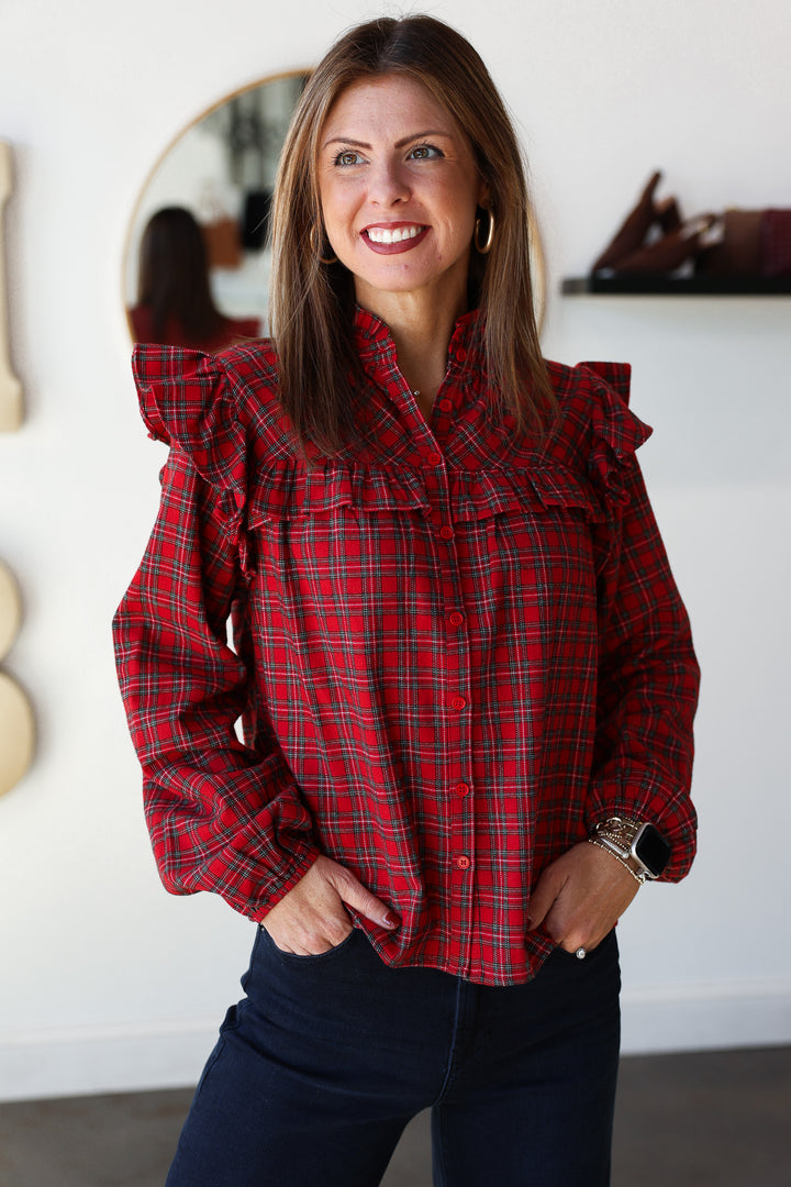 Plaid Ruffle Blouse - Red