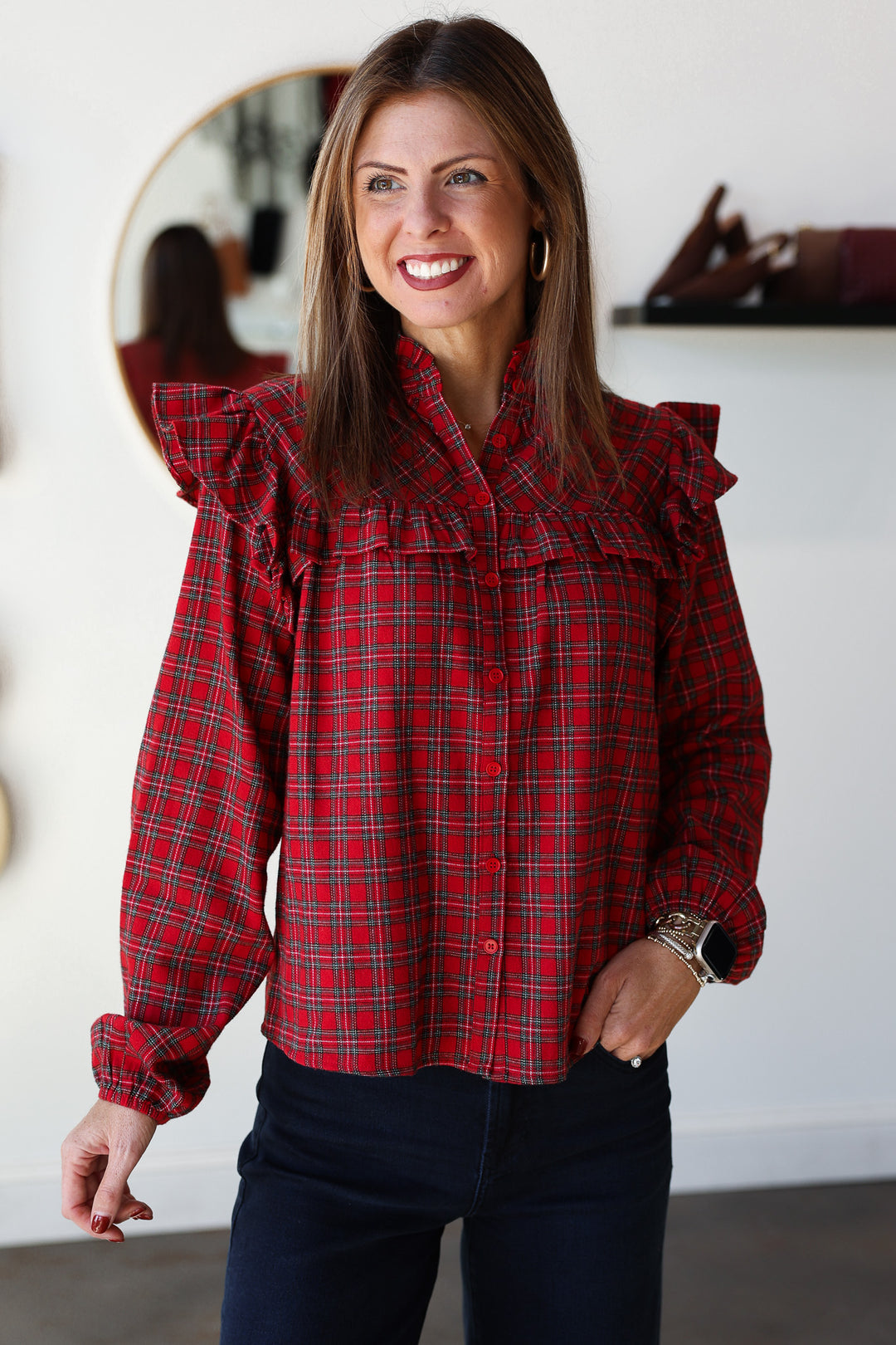 Plaid Ruffle Blouse - Red
