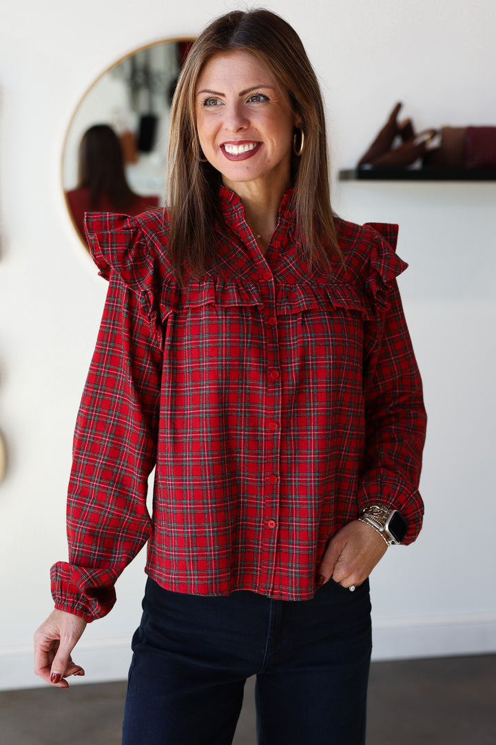 Plaid Ruffle Blouse - Red