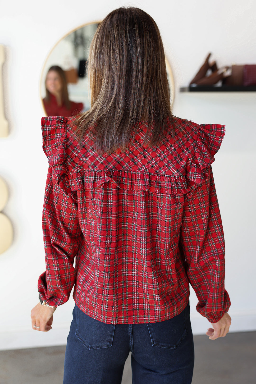 Plaid Ruffle Blouse - Red