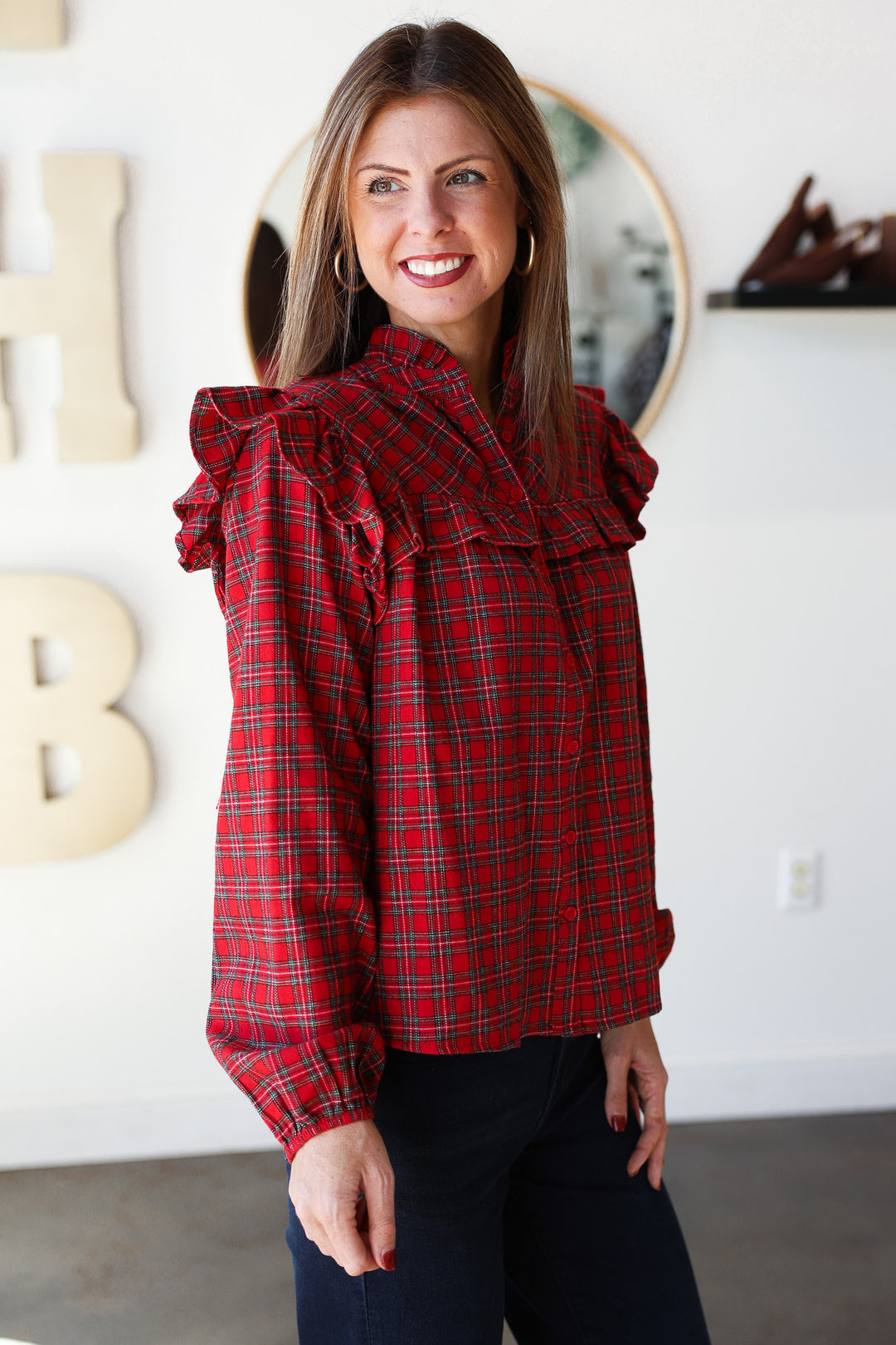Plaid Ruffle Blouse - Red