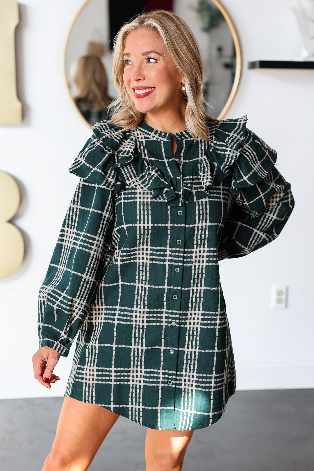 Plaid Ruffle Shoulder Dress - Green