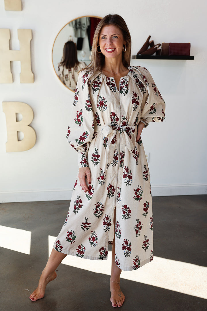 Floral Print Zipper Front Dress - Cream