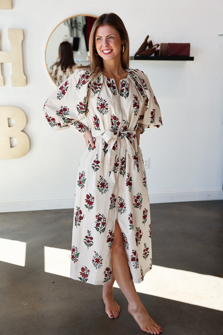 Floral Print Zipper Front Dress - Cream