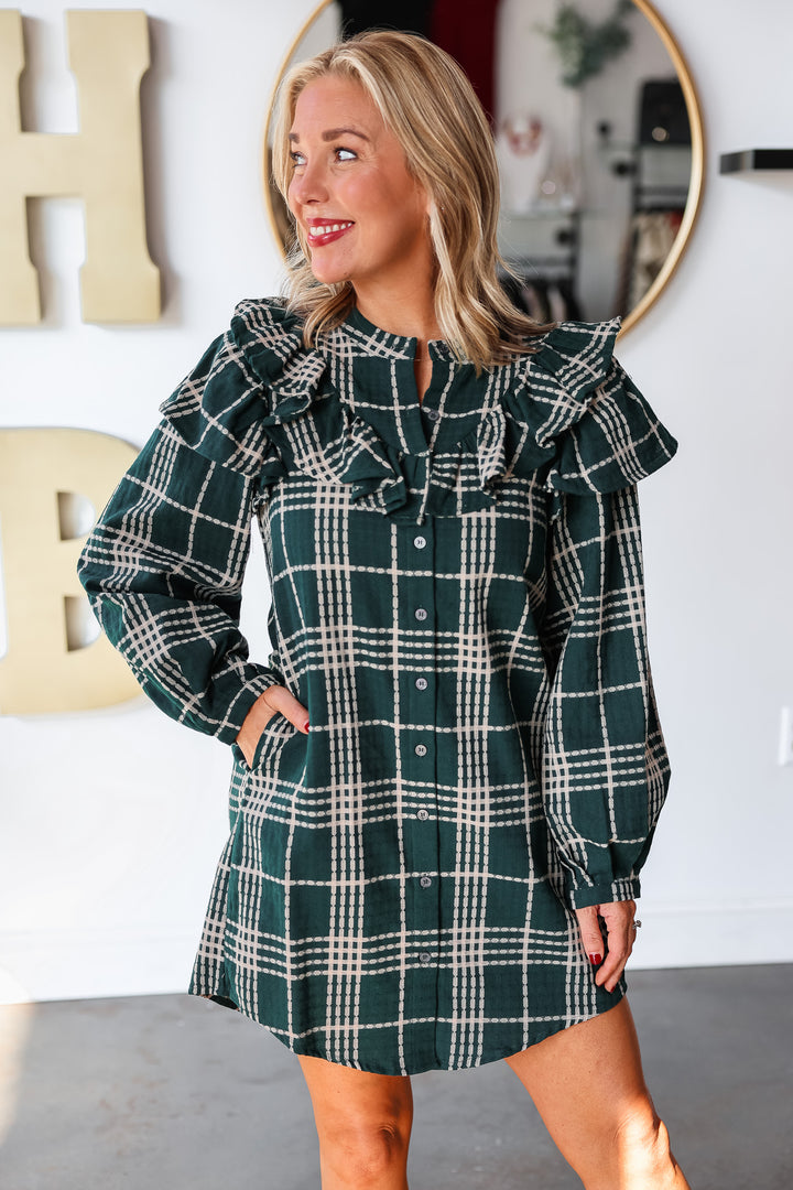 Plaid Ruffle Shoulder Dress - Green