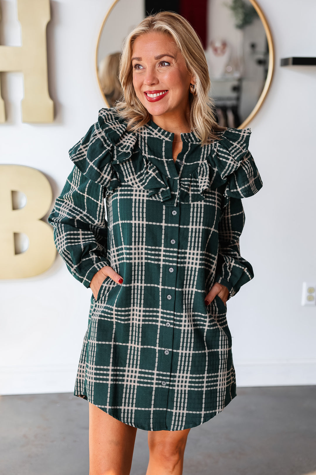 Plaid Ruffle Shoulder Dress - Green