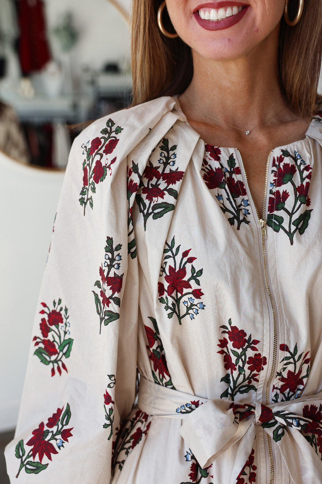 Floral Print Zipper Front Dress - Cream