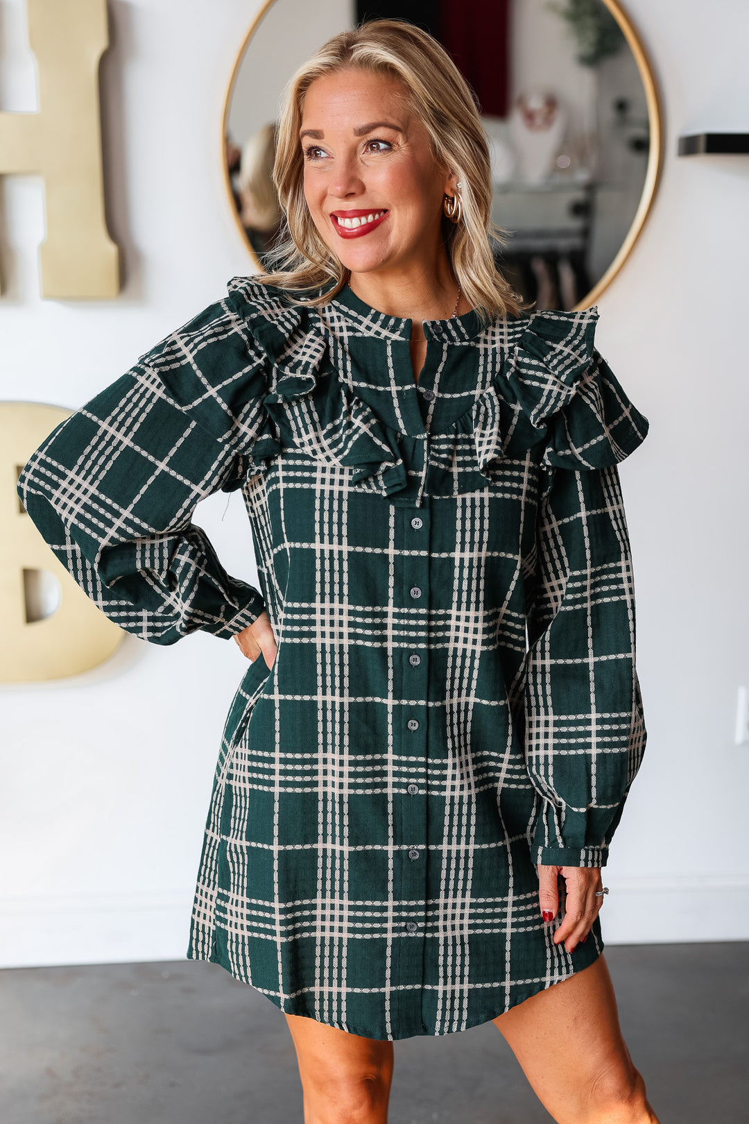 Plaid Ruffle Shoulder Dress - Green