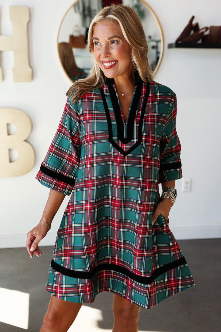 Velvet Trim Plaid Dress