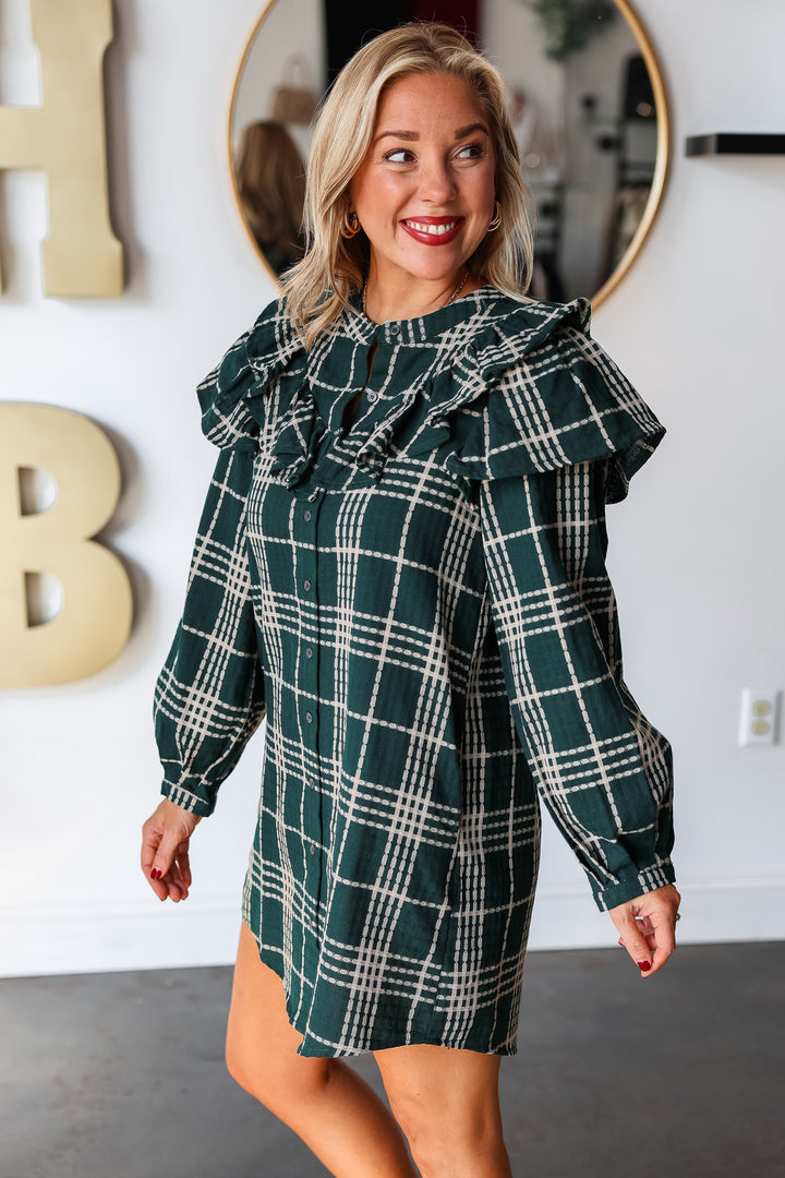 Plaid Ruffle Shoulder Dress - Green