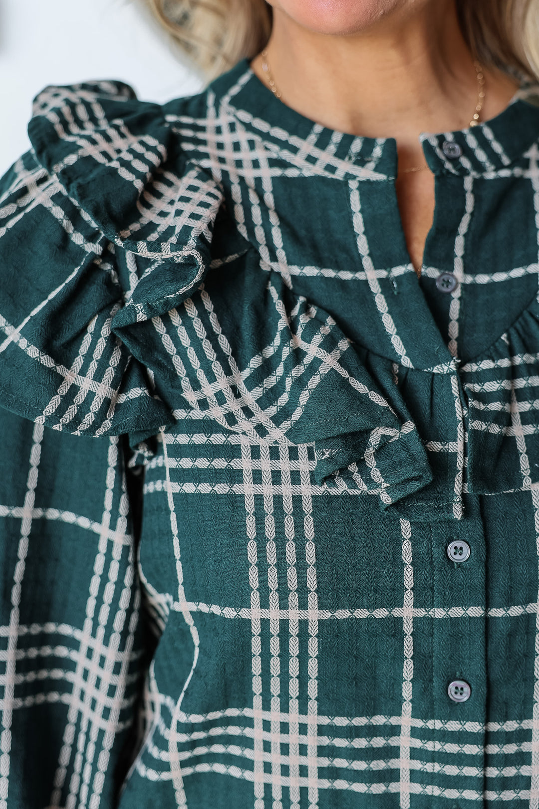 Plaid Ruffle Shoulder Dress - Green