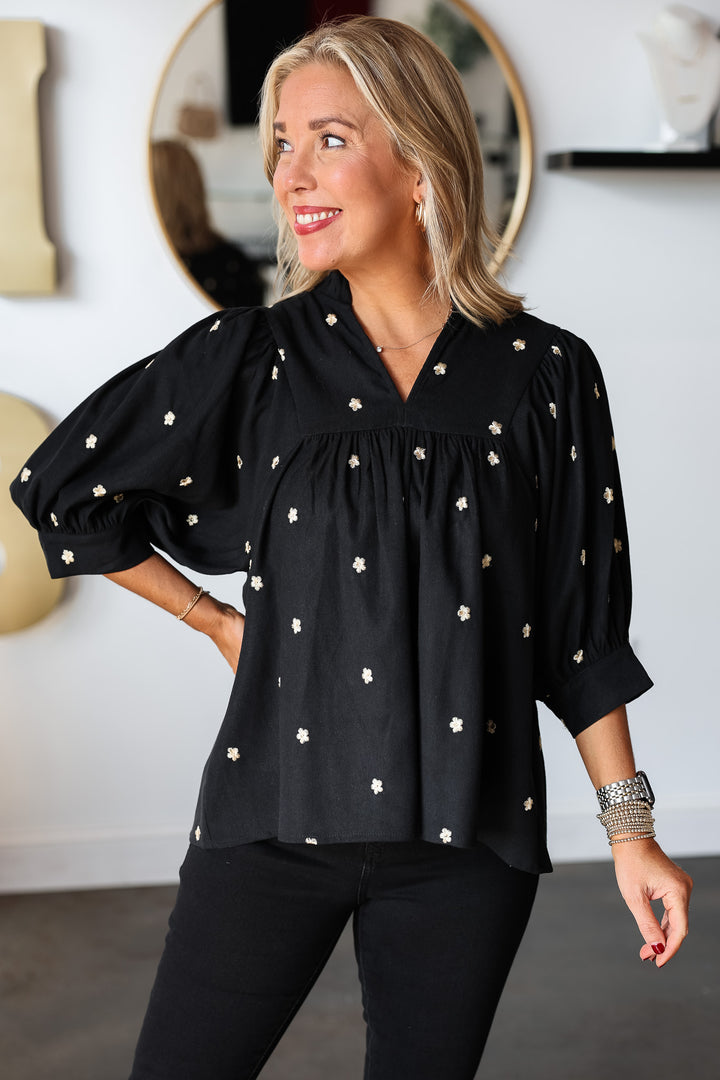 Embroidered Corduroy Top - Black