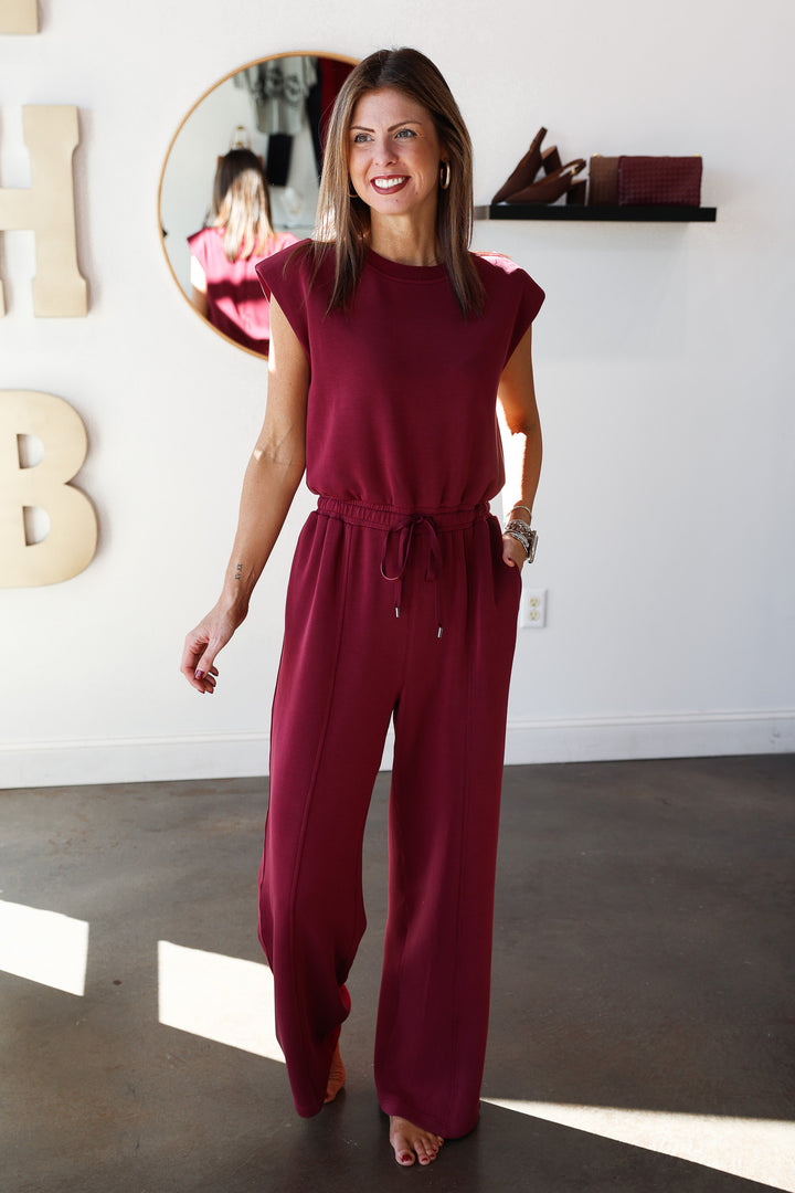 Soft Modal Tie Waist Jumpsuit - Burgundy
