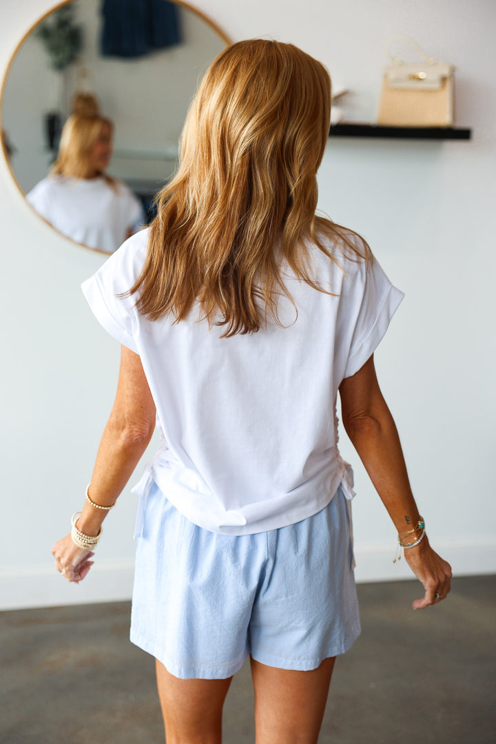 Elastic Waist Seersucker Shorts - Light Blue