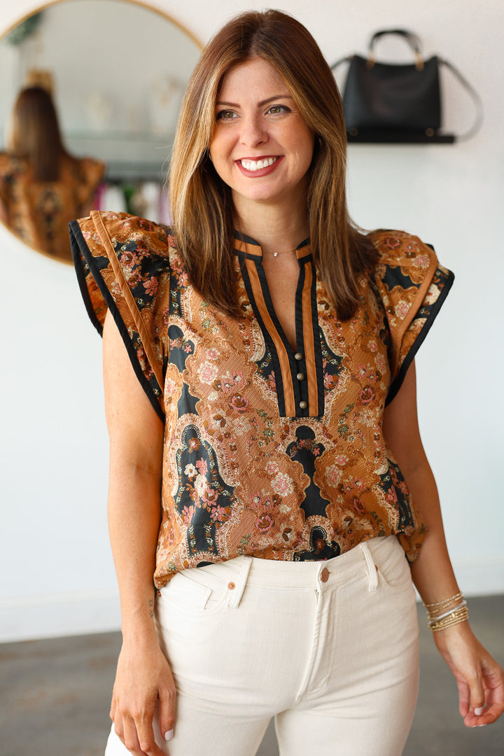 Vintage Print Top - Camel
