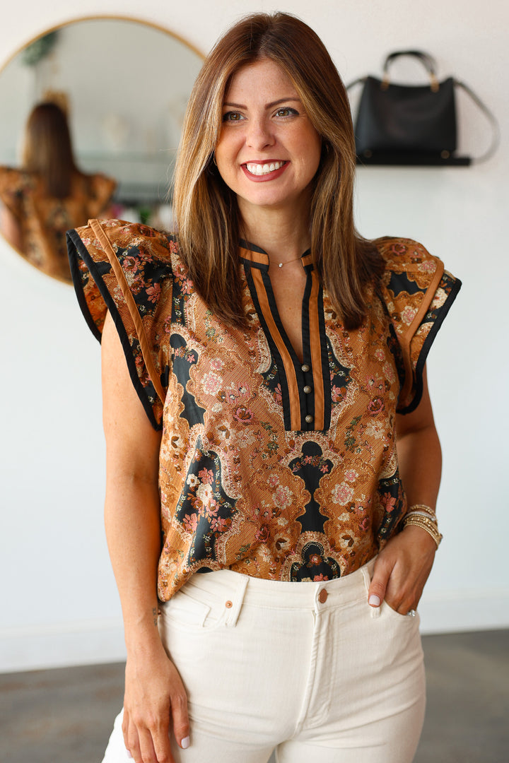 Vintage Print Top - Camel