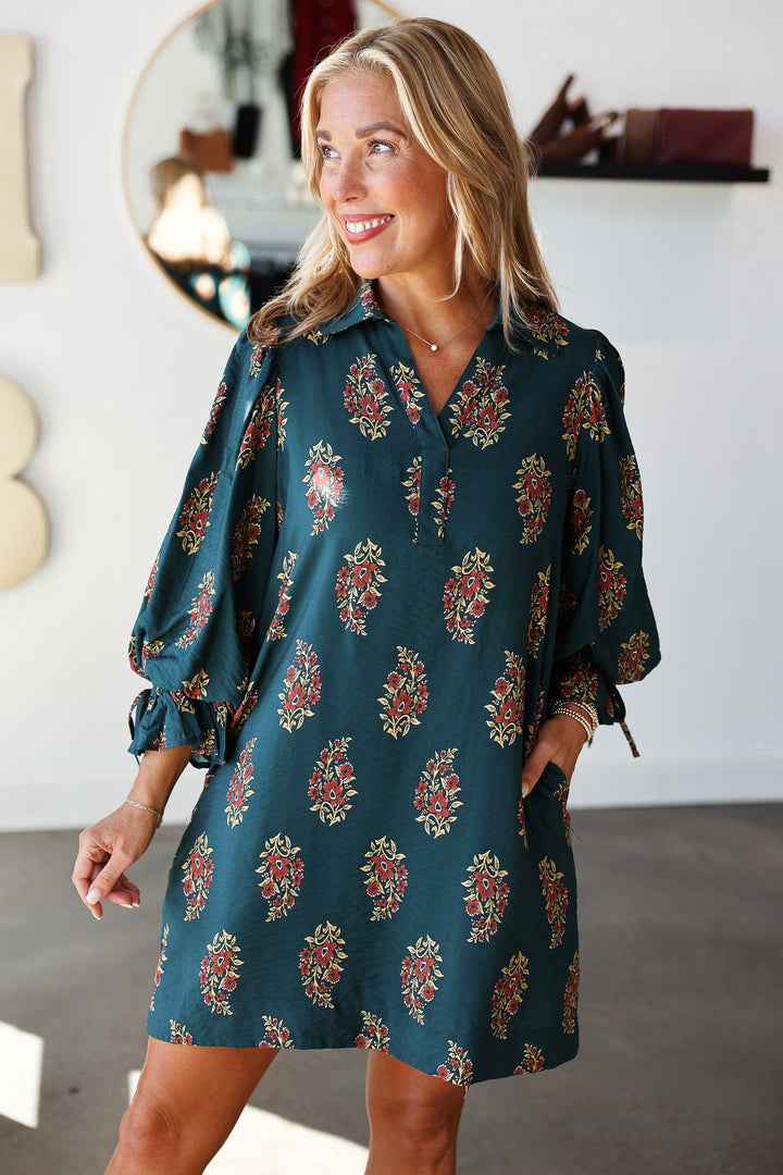 Three Quarter Sleeve Printed Dress - Hunter