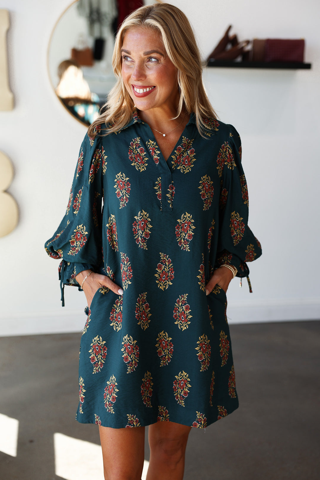 Three Quarter Sleeve Printed Dress - Hunter