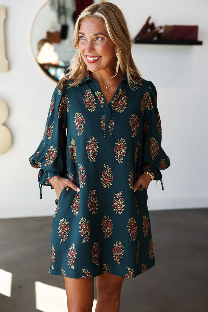 Three Quarter Sleeve Printed Dress - Hunter