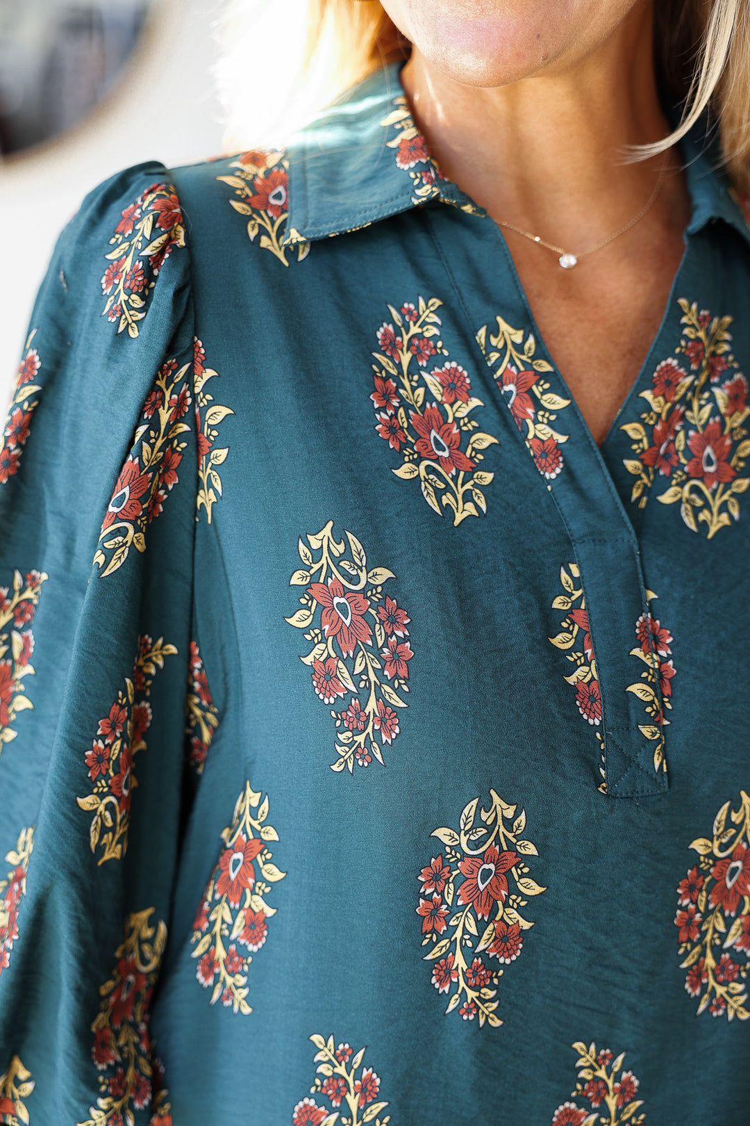 Three Quarter Sleeve Printed Dress - Hunter