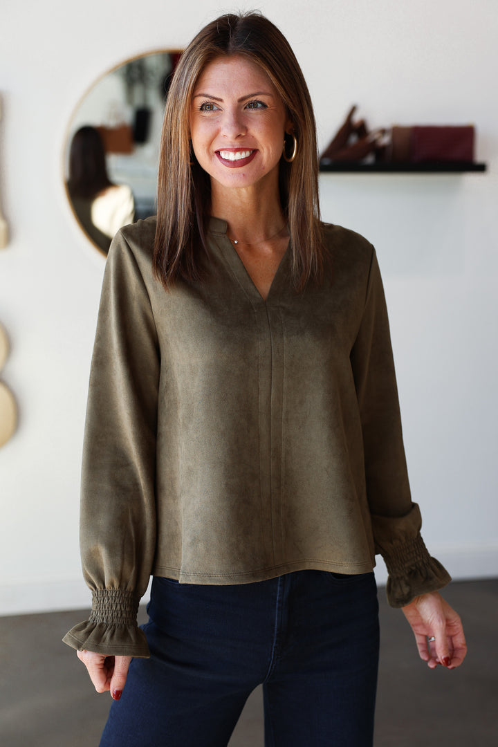 Long Sleeve Suede Top - Olive