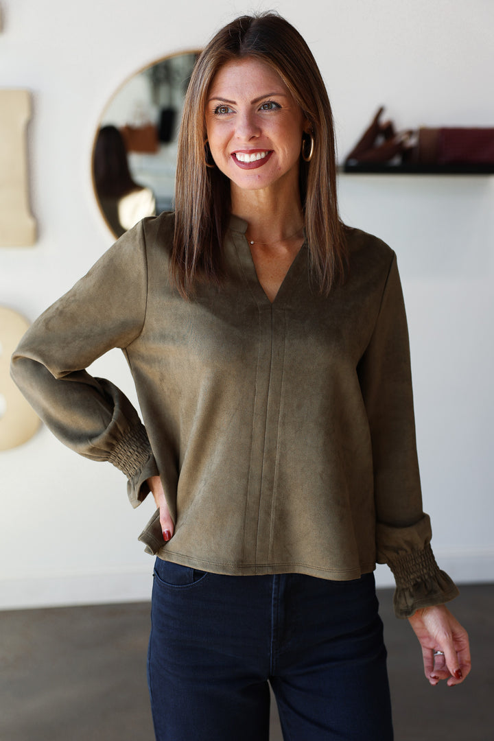 Long Sleeve Suede Top - Olive