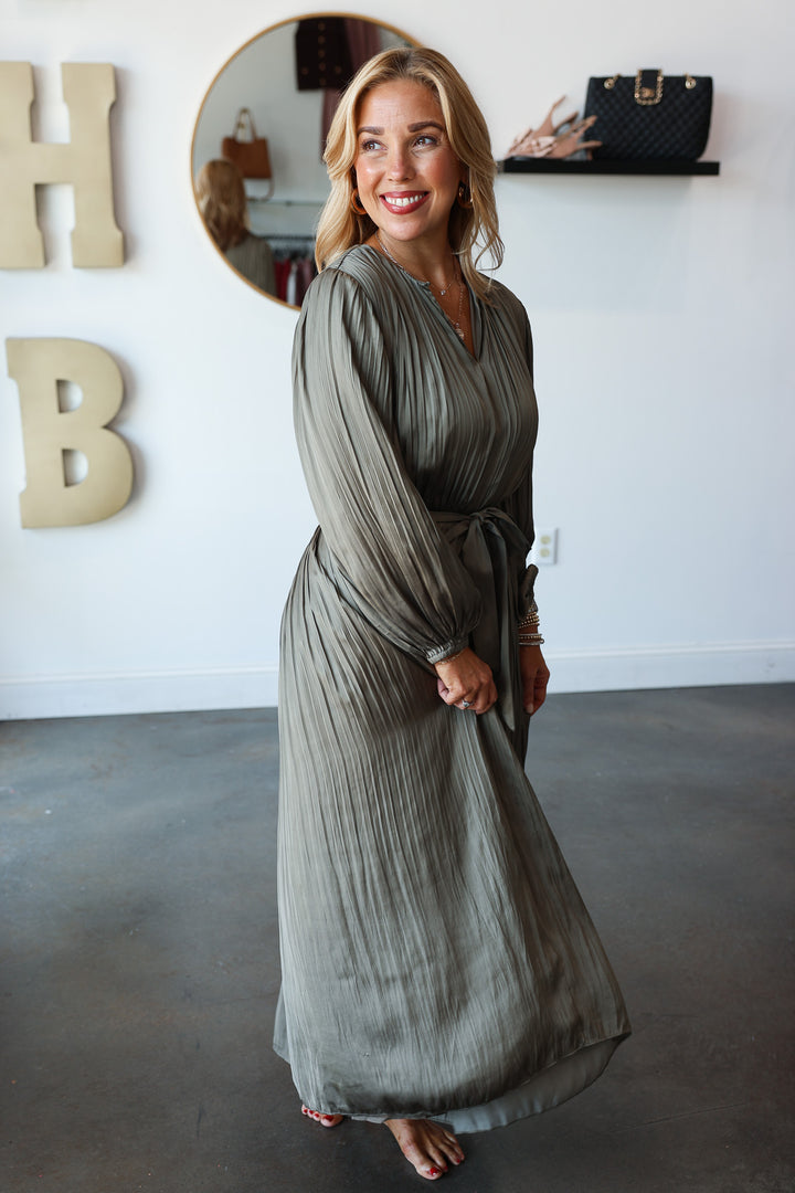 Pleated Midi Dress - Moss Gray