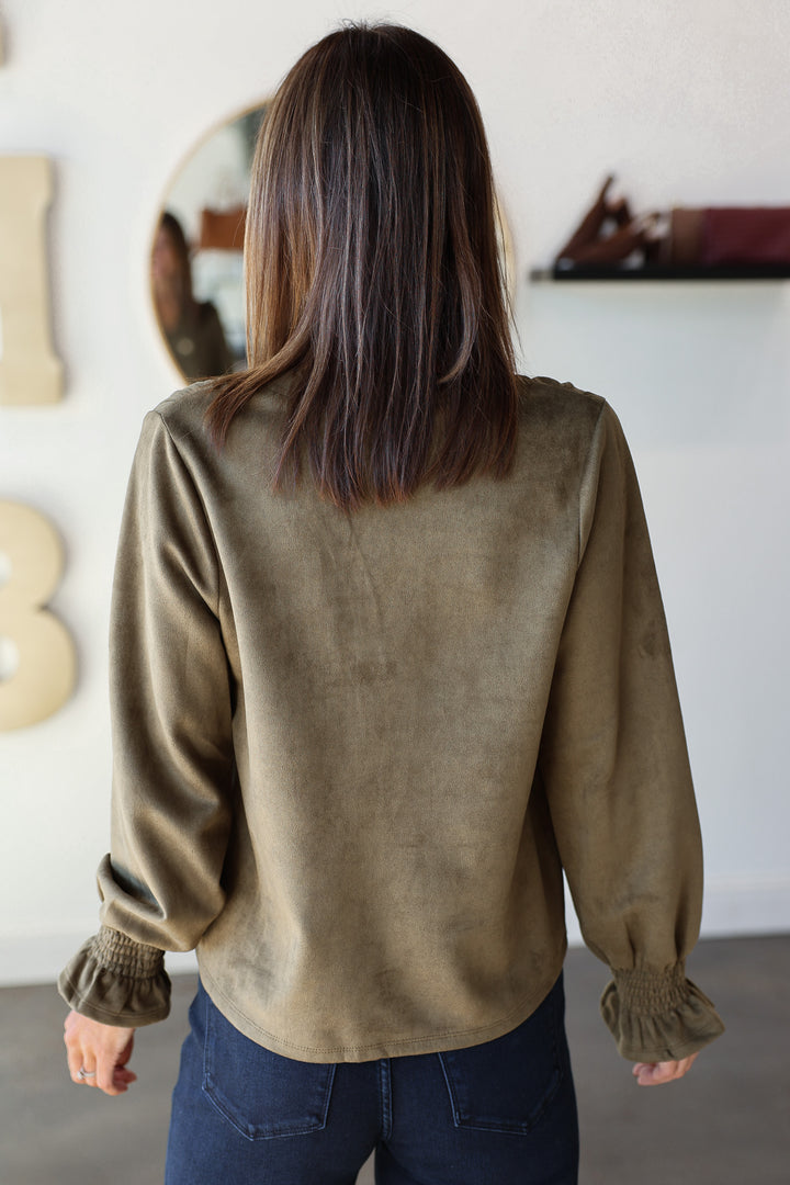 Long Sleeve Suede Top - Olive