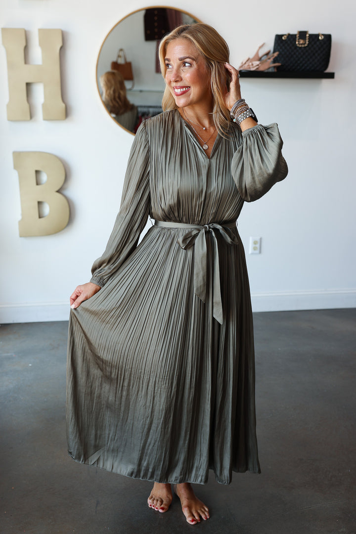 Pleated Midi Dress - Moss Gray