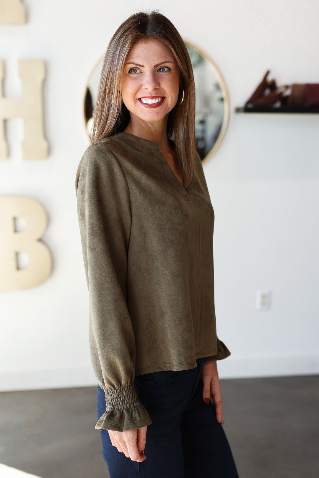 Long Sleeve Suede Top - Olive