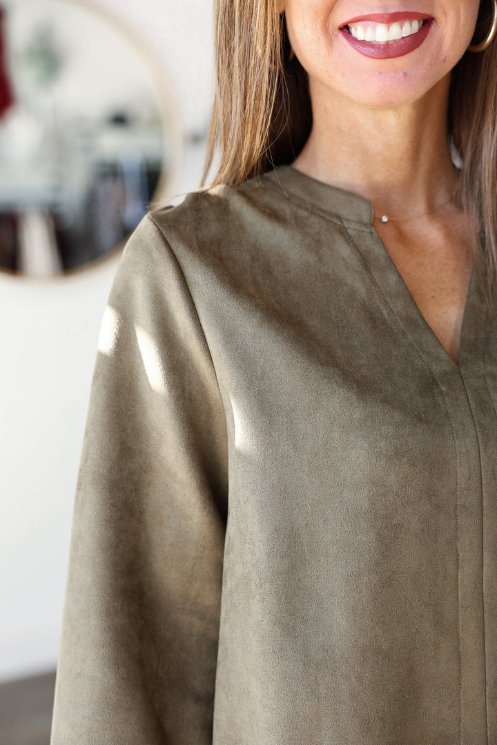 Long Sleeve Suede Top - Olive