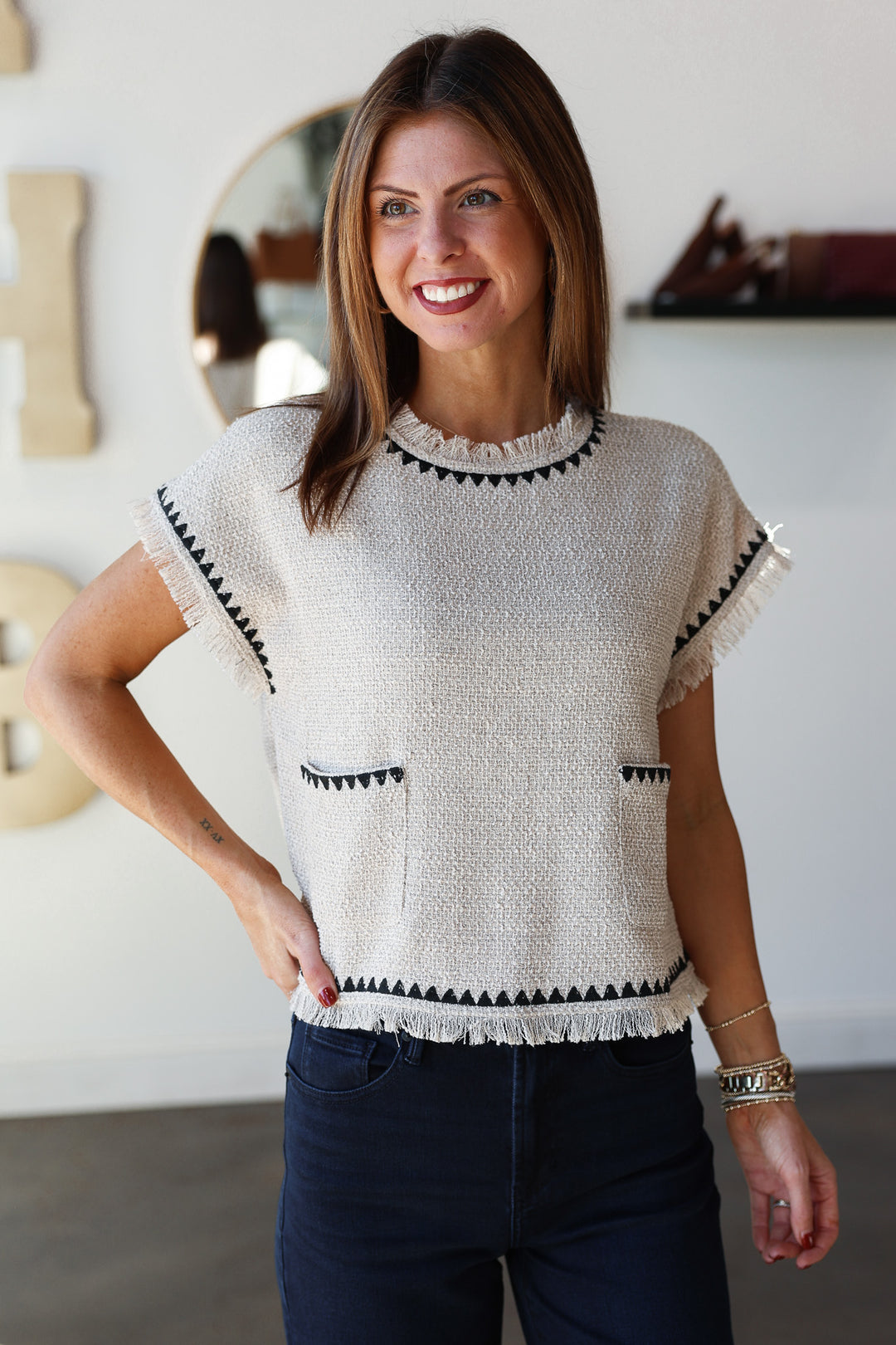 Contrast Trim Tweed Top
