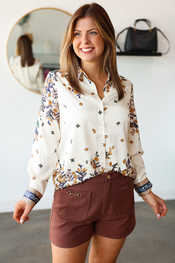 Printed Satin Button Down