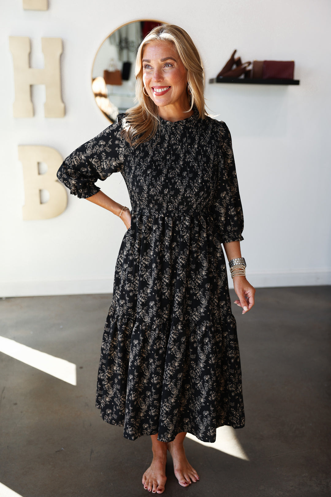 Floral Smocked Midi Dress - Black/Taupe