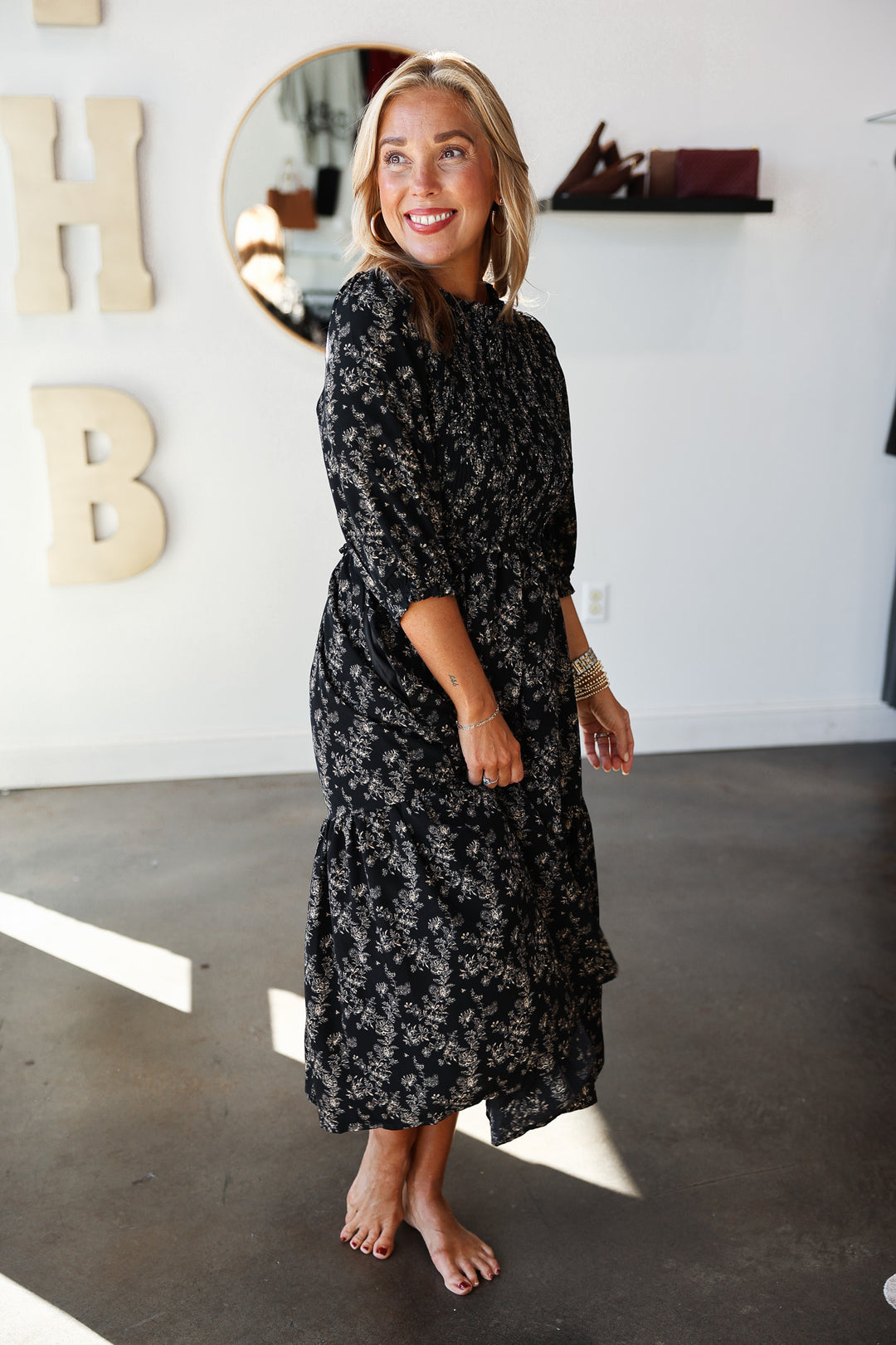 Floral Smocked Midi Dress - Black/Taupe