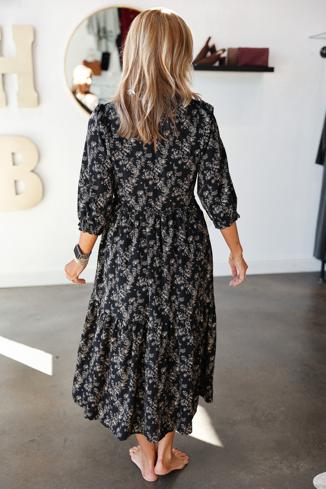 Floral Smocked Midi Dress - Black/Taupe