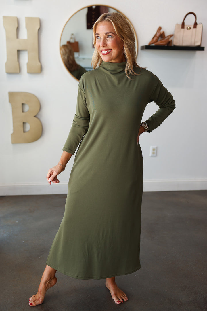 Mock Neck Shift Midi Dress - Olive