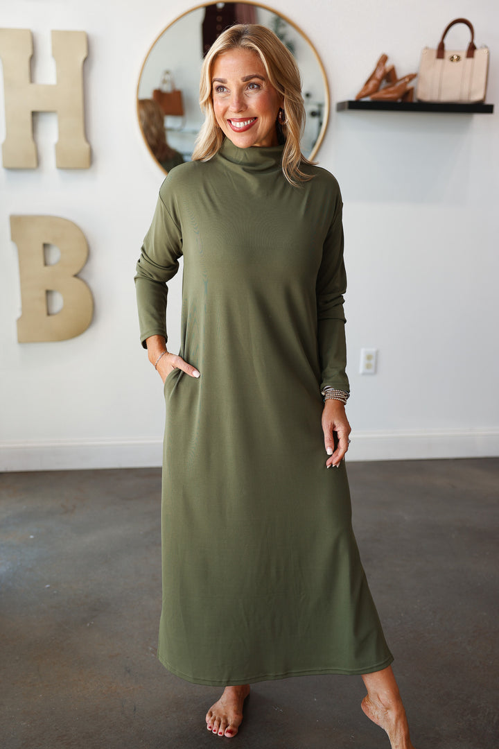 Mock Neck Shift Midi Dress - Olive