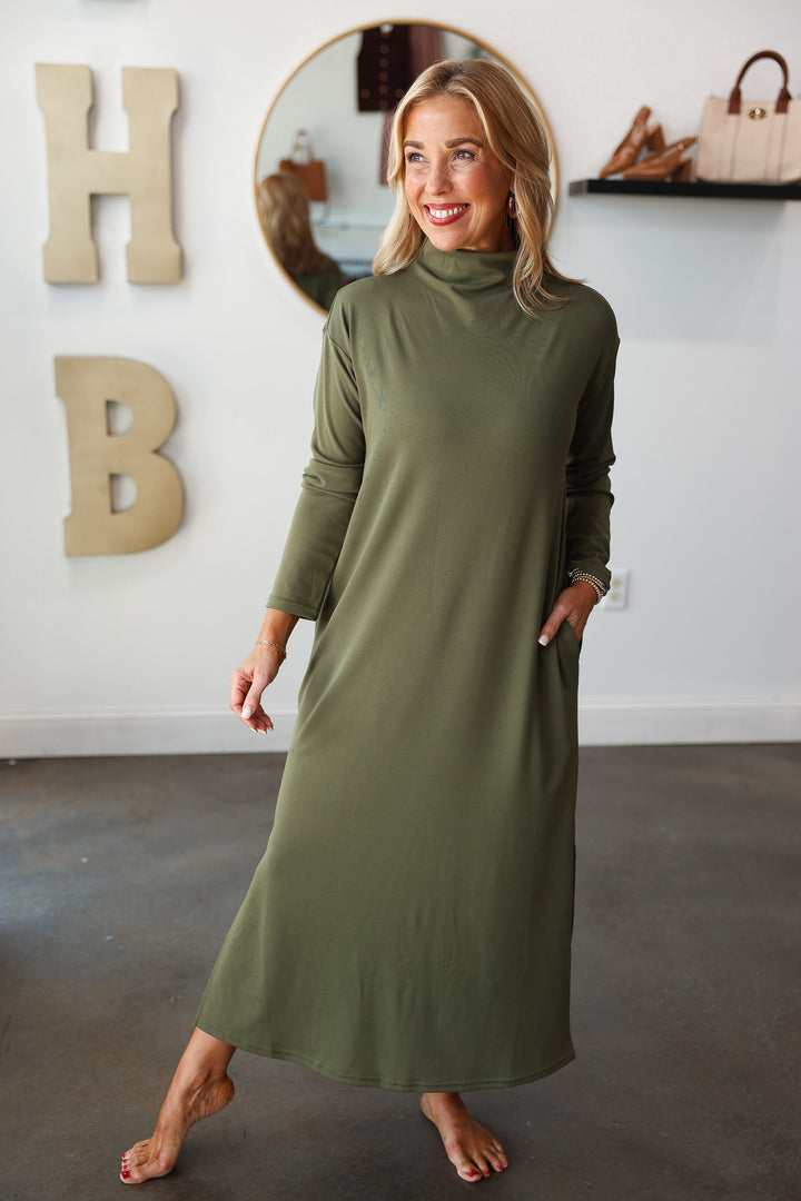 Mock Neck Shift Midi Dress - Olive