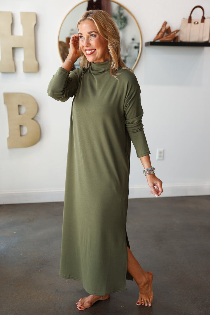 Mock Neck Shift Midi Dress - Olive