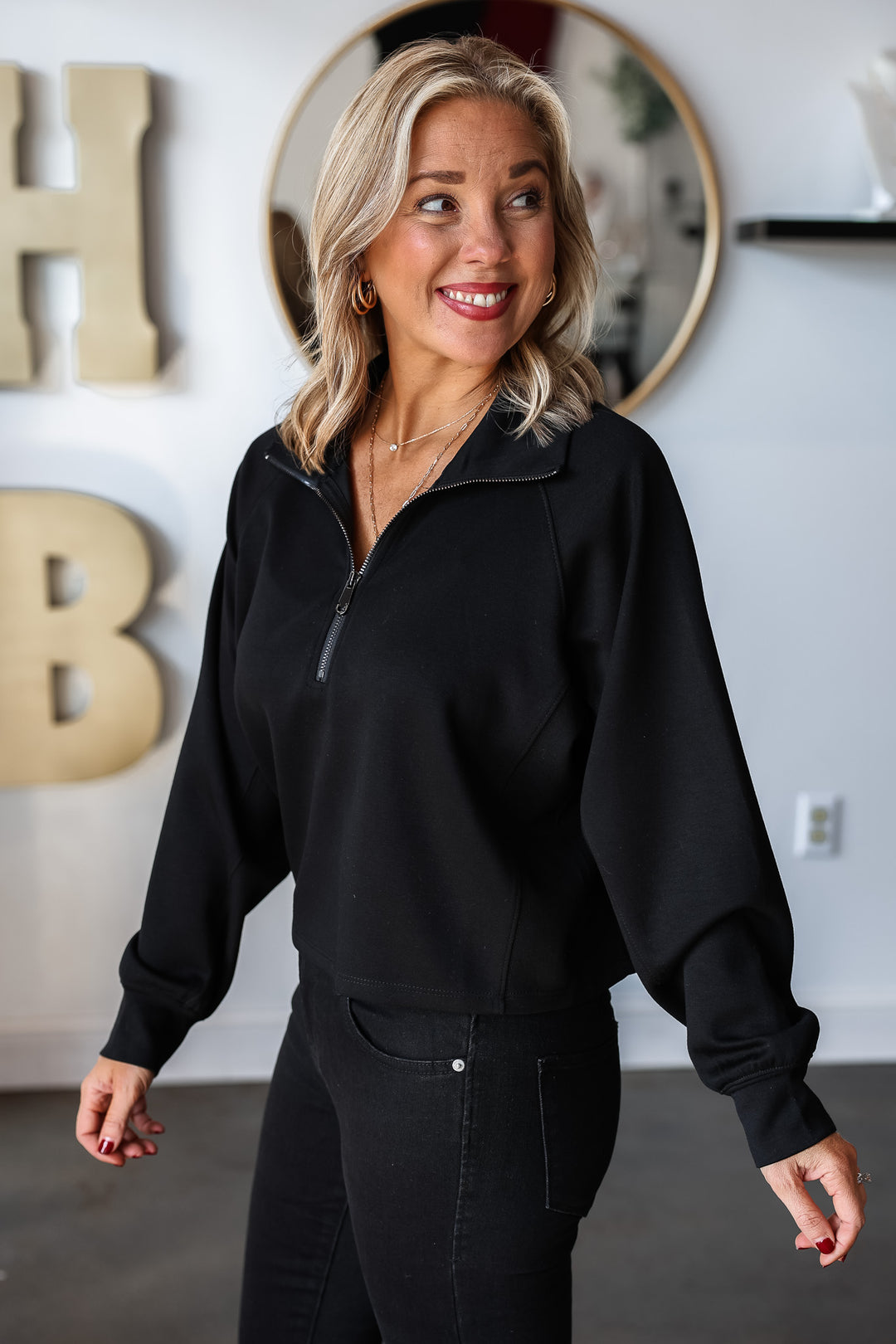 Quarter Zip Sporty Pullover - Black