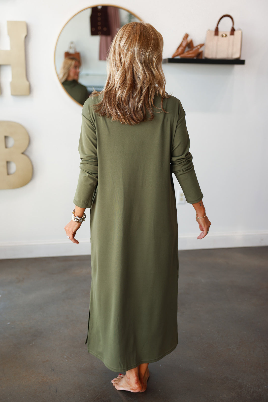 Mock Neck Shift Midi Dress - Olive