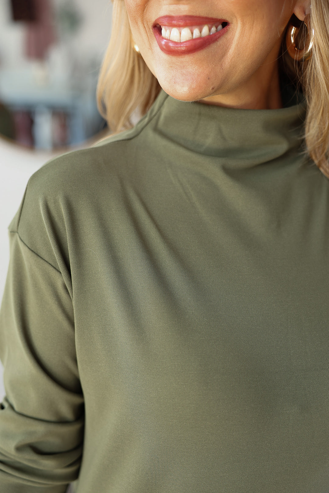Mock Neck Shift Midi Dress - Olive