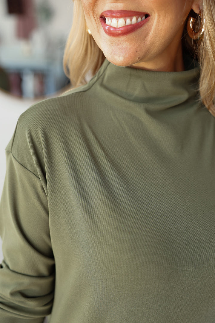 Mock Neck Shift Midi Dress - Olive