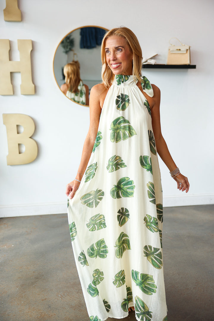 Palm Leaf Halter Maxi Dress