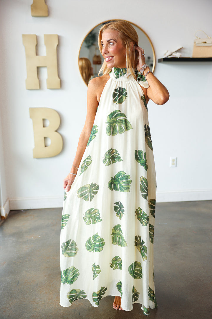 Palm Leaf Halter Maxi Dress