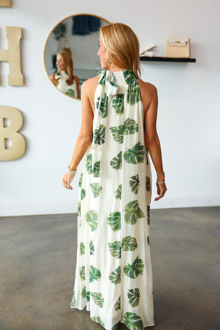 Palm Leaf Halter Maxi Dress