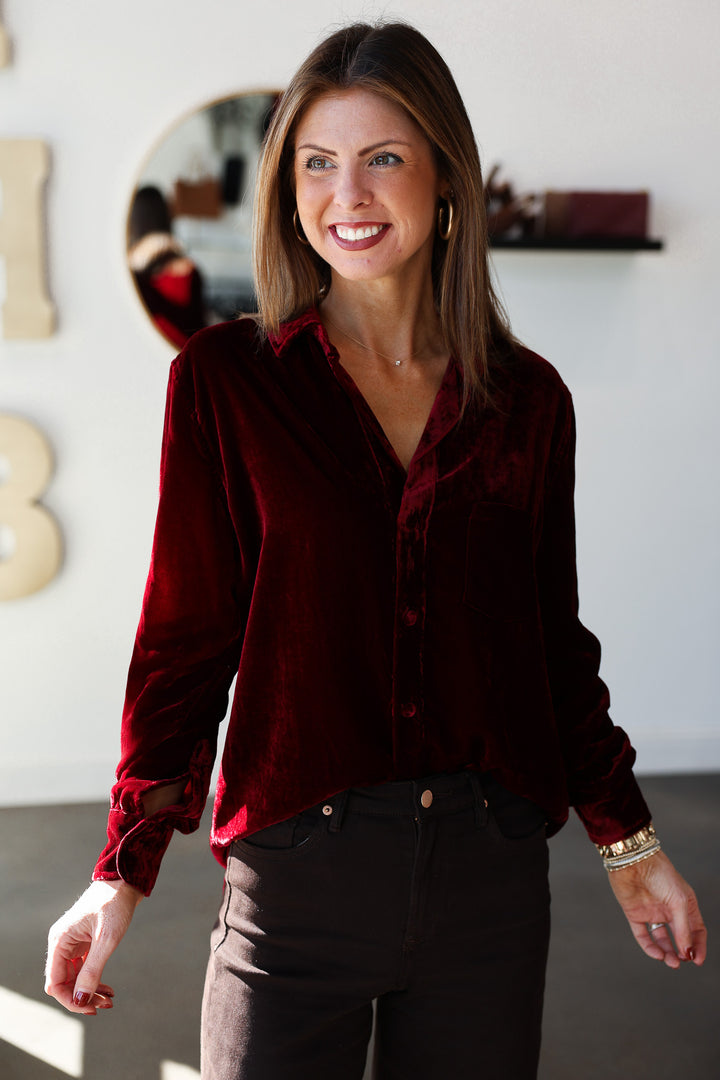 Velvet Button Down Top - Cherry