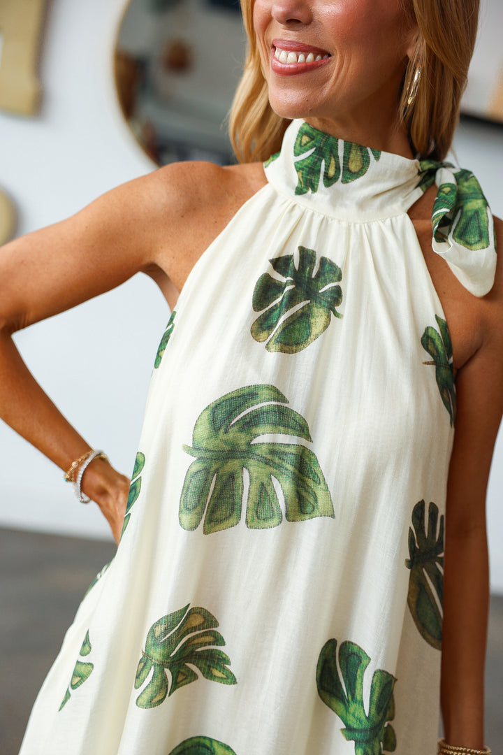 Palm Leaf Halter Maxi Dress